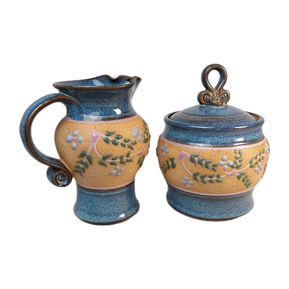 Creamer And‎ Sugar Jars '91 Jason Parsley Signed And Dated Pottery Folk Art